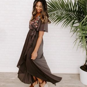 NWT Wrap-Top Maxi Dress w/ Floral Embroidery